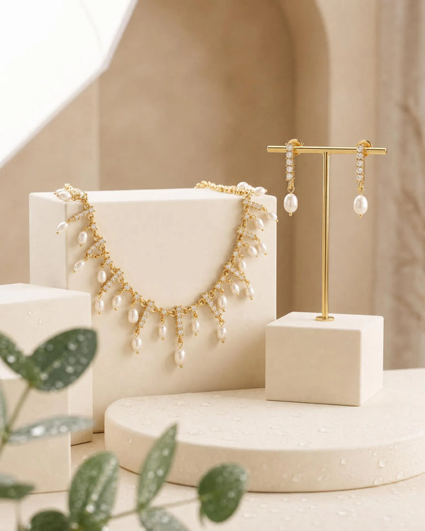 Imperial CZ & Pearl Fringe Statement Necklace Set