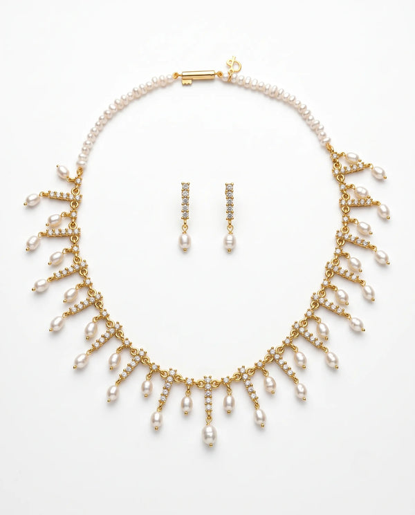 Imperial CZ & Pearl Fringe Statement Necklace Set