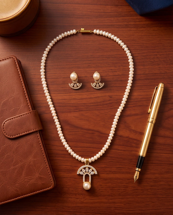 Art Deco Fan & Freshwater Pearl Pendant Necklace Set
