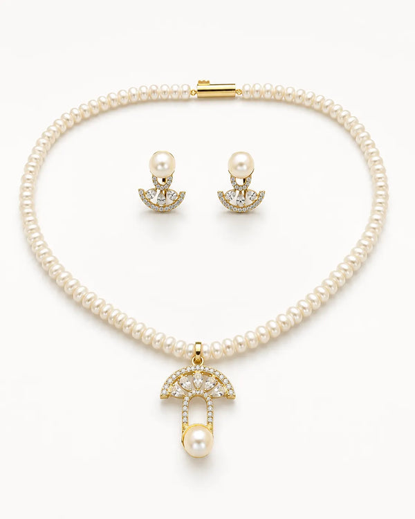 Art Deco Fan & Freshwater Pearl Pendant Necklace Set