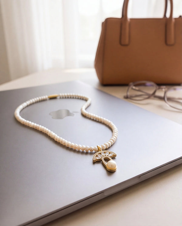 Art Deco Fan & Freshwater Pearl Pendant Necklace Set