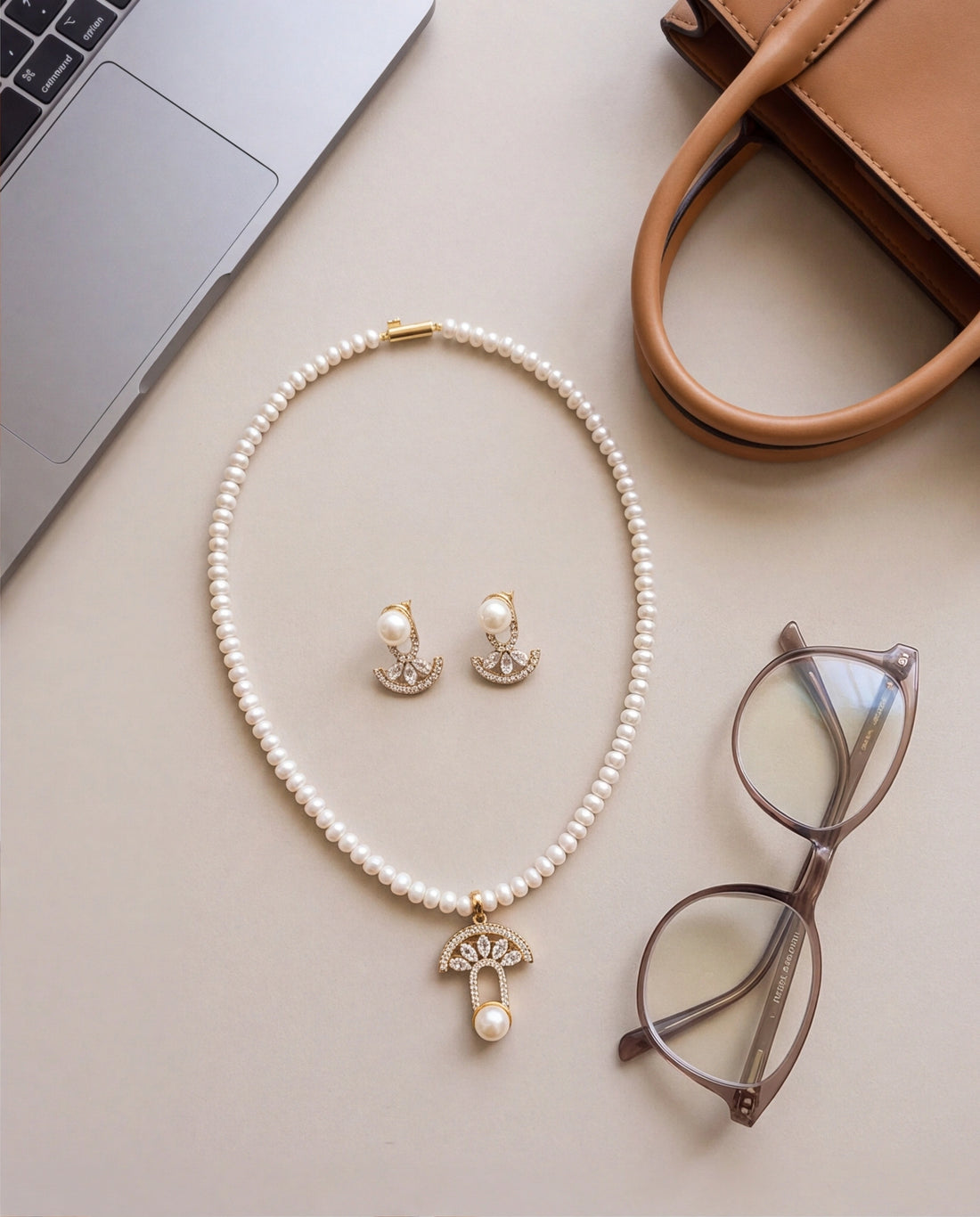 Art Deco Fan & Freshwater Pearl Pendant Necklace Set