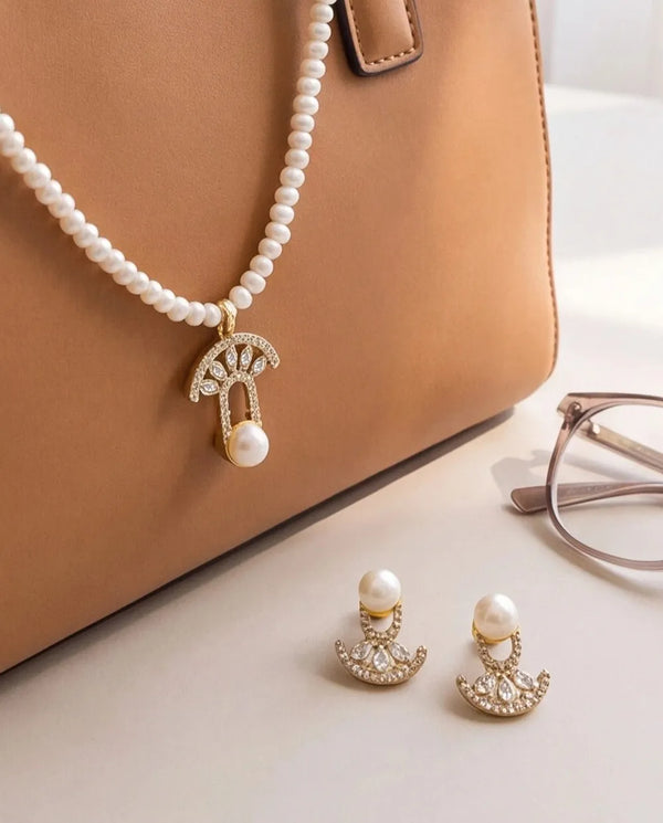 Art Deco Fan & Freshwater Pearl Pendant Necklace Set