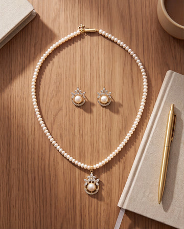 Floral Crown & Freshwater Pearl Pendant Necklace Set