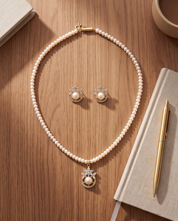 Floral Crown & Freshwater Pearl Pendant Necklace Set