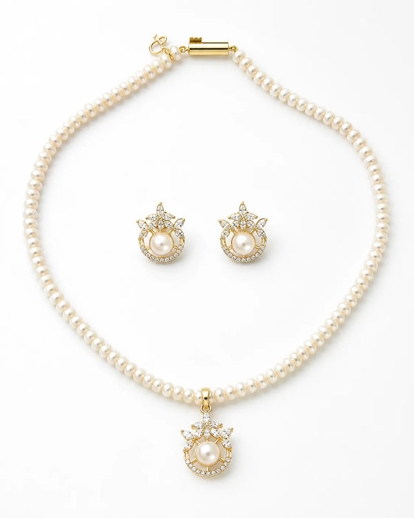 Floral Crown & Freshwater Pearl Pendant Necklace Set