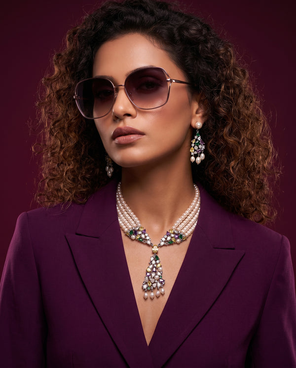 Gold Plated Multi-Strand Pearl & CZ Necklace Set