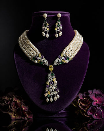 Gold Plated Multi-Strand Pearl & CZ Necklace Set