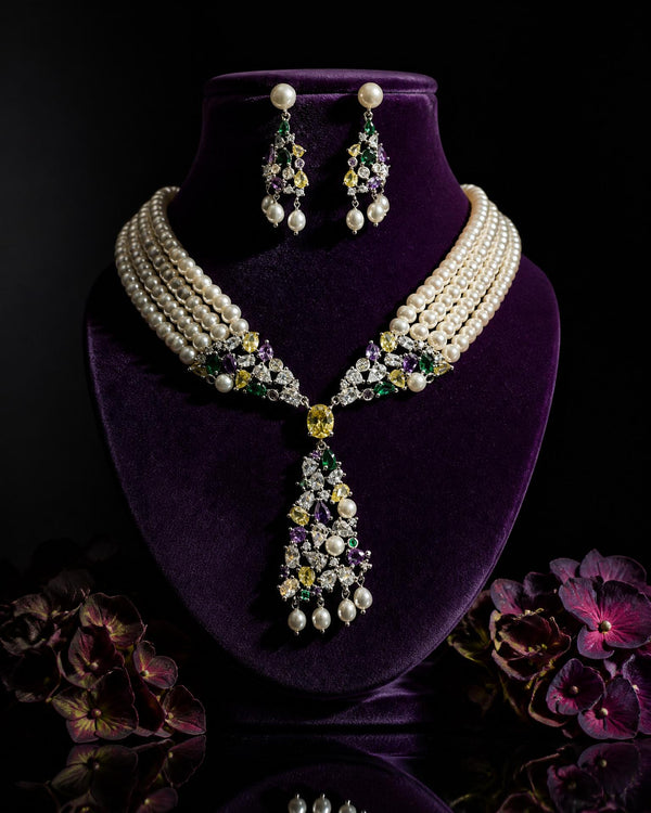 Gold Plated Multi-Strand Pearl & CZ Necklace Set