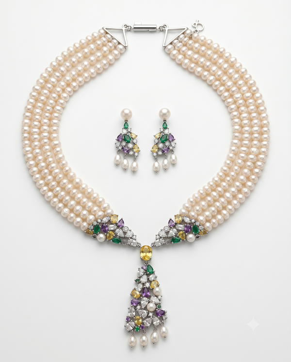 Gold Plated Multi-Strand Pearl & CZ Necklace Set