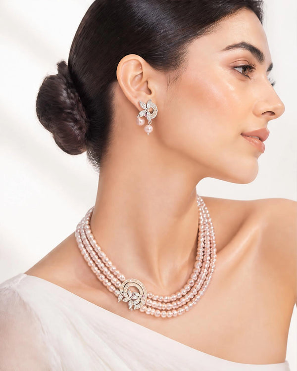 Blush Pink Freshwater Pearl Triple Strand Set with Asymmetrical Marquise Crystal