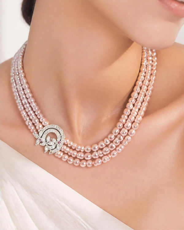 Blush Pink Freshwater Pearl Triple Strand Set with Asymmetrical Marquise Crystal