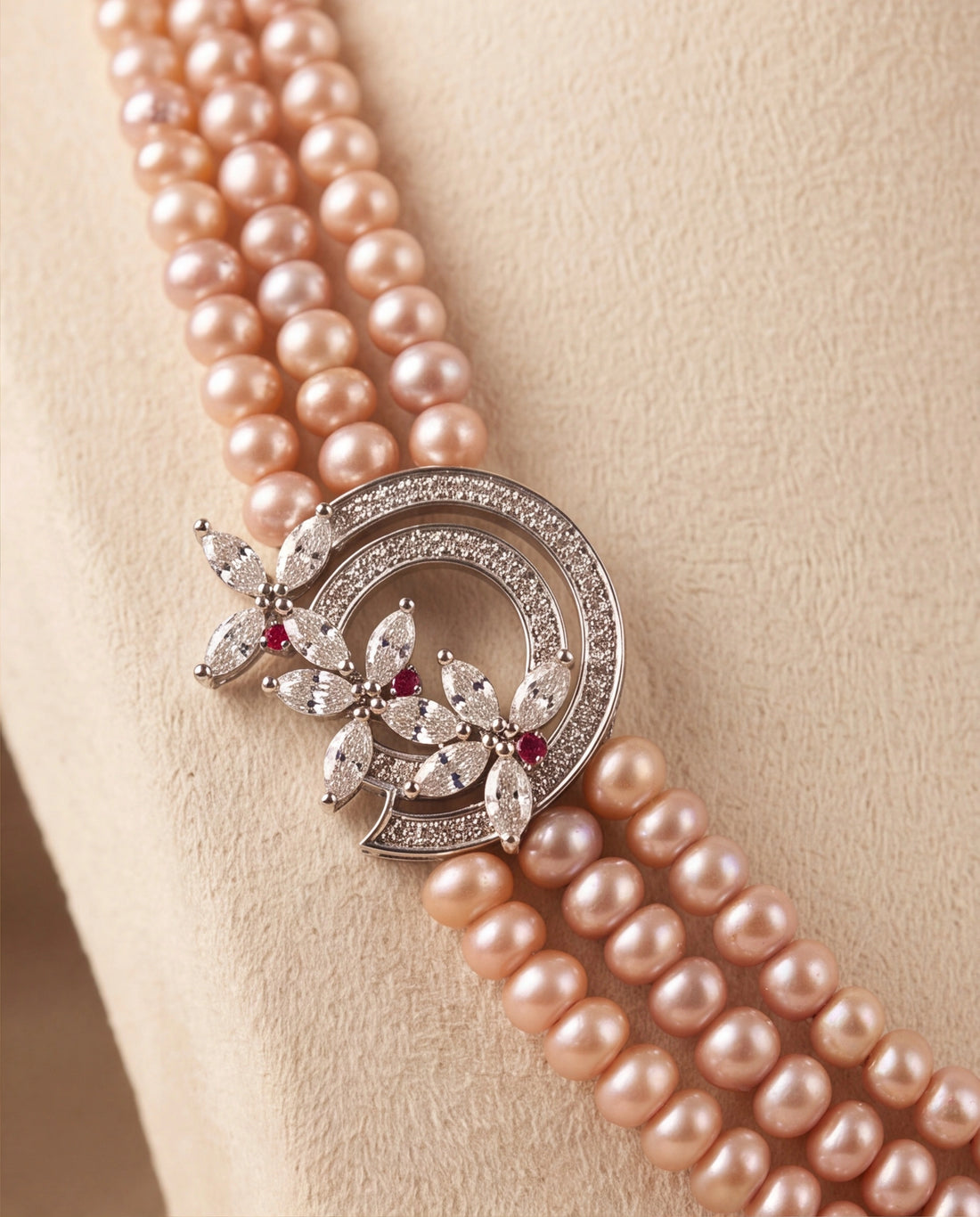 Blush Pink Freshwater Pearl Triple Strand Set with Asymmetrical Marquise Crystal