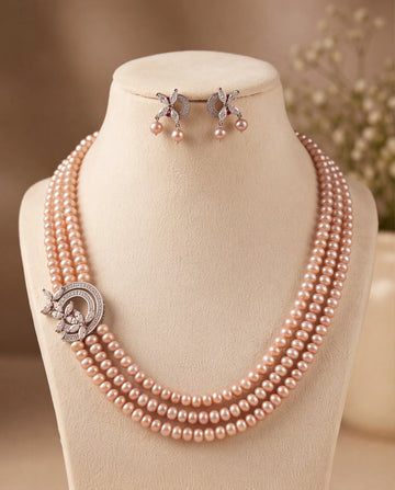 Blush Pink Freshwater Pearl Triple Strand Set with Asymmetrical Marquise Crystal