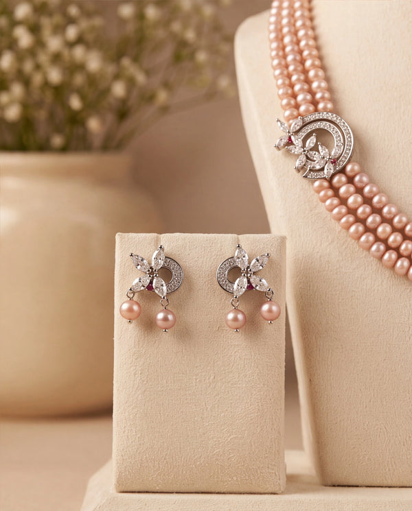 Blush Pink Freshwater Pearl Triple Strand Set with Asymmetrical Marquise Crystal