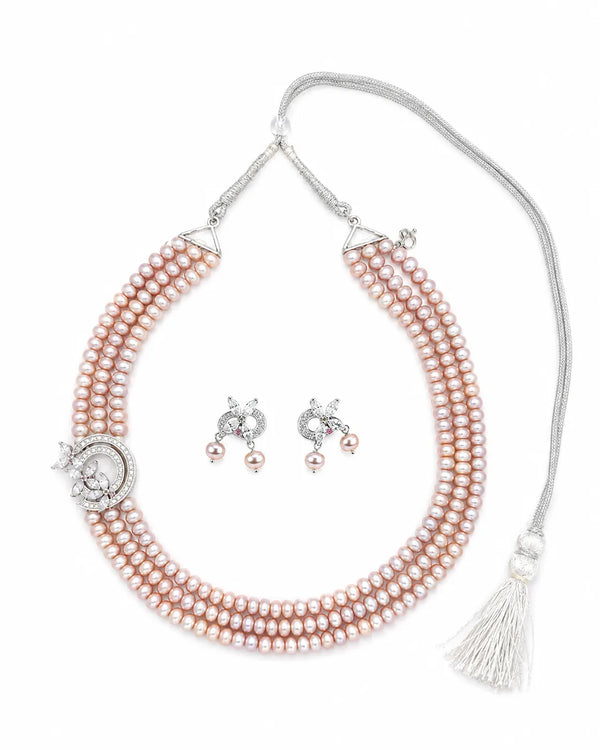 Blush Pink Freshwater Pearl Triple Strand Set with Asymmetrical Marquise Crystal