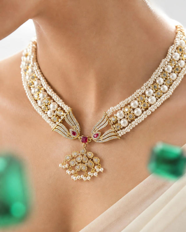 Multi-Strand Seed & Round Pearl Necklace Set with Ruby CZ Floral