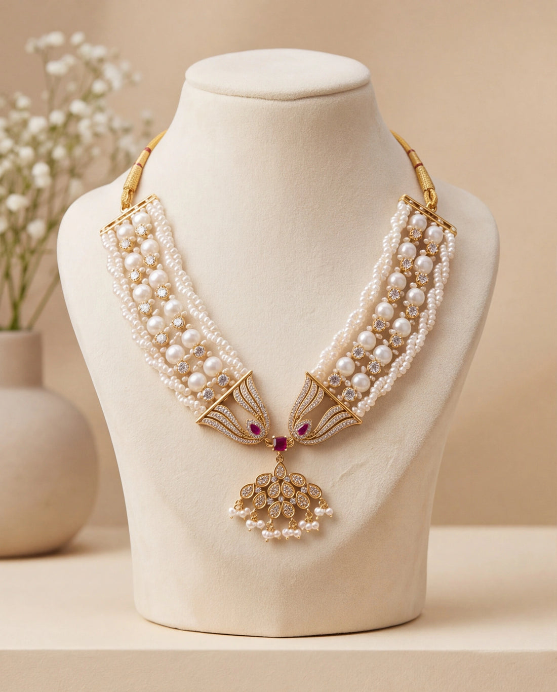 Multi-Strand Seed & Round Pearl Necklace Set with Ruby CZ Floral