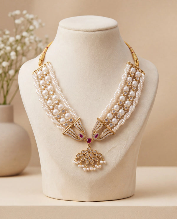 Multi-Strand Seed & Round Pearl Necklace Set with Ruby CZ Floral