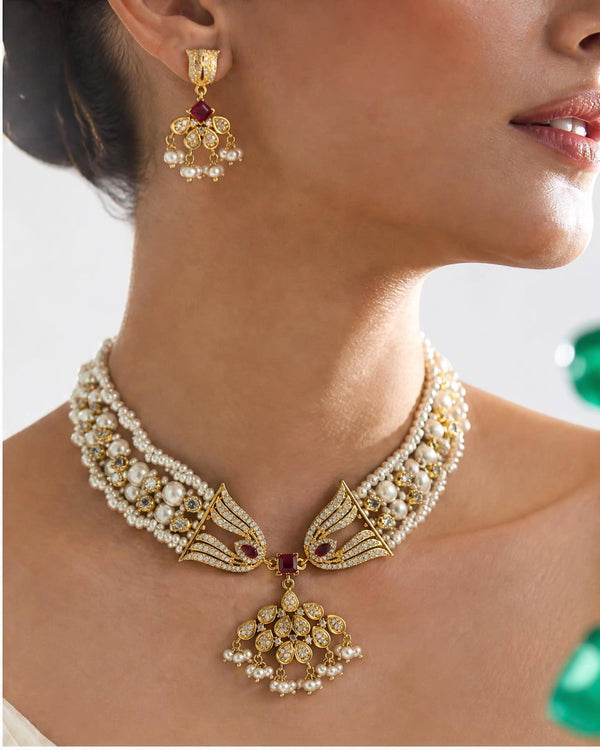Multi-Strand Seed & Round Pearl Necklace Set with Ruby CZ Floral