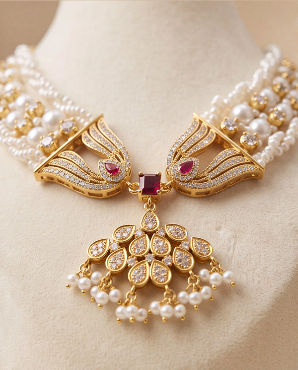 Multi-Strand Seed & Round Pearl Necklace Set with Ruby CZ Floral