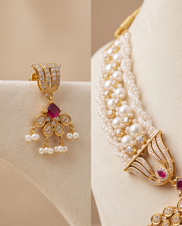 Multi-Strand Seed & Round Pearl Necklace Set with Ruby CZ Floral
