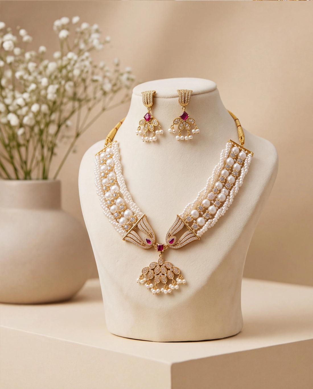 Multi-Strand Seed & Round Pearl Necklace Set with Ruby CZ Floral