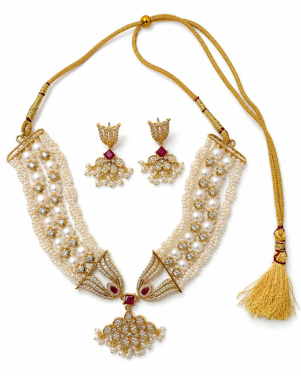 Multi-Strand Seed & Round Pearl Necklace Set with Ruby CZ Floral