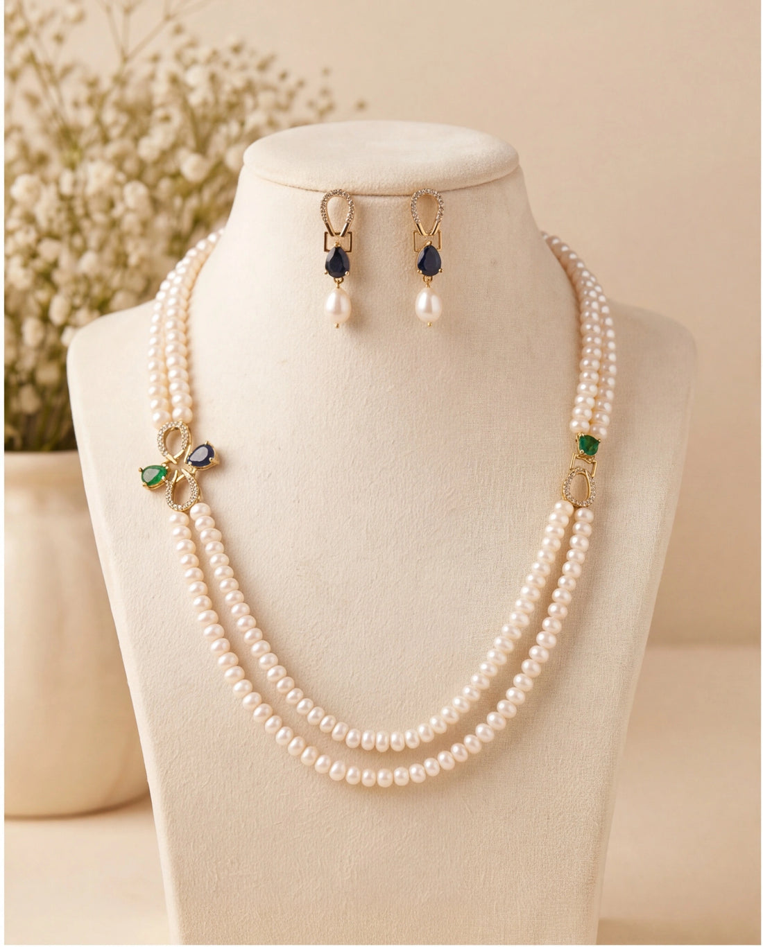 Delicate Dual Pearl Strand Set with CZ Loop