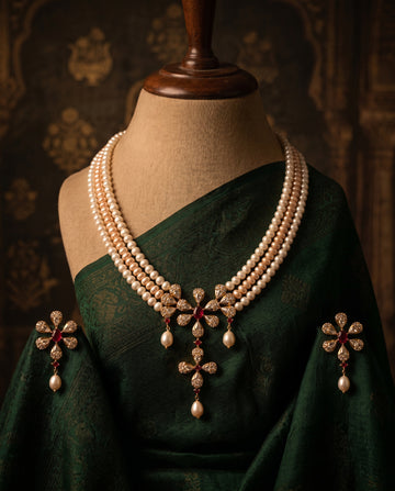 Royal Triple Strand Peach and White Pearl jewellery Set
