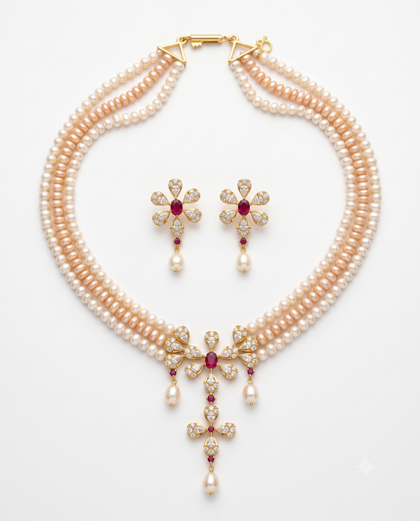 Royal Triple Strand Peach and White Pearl jewellery Set