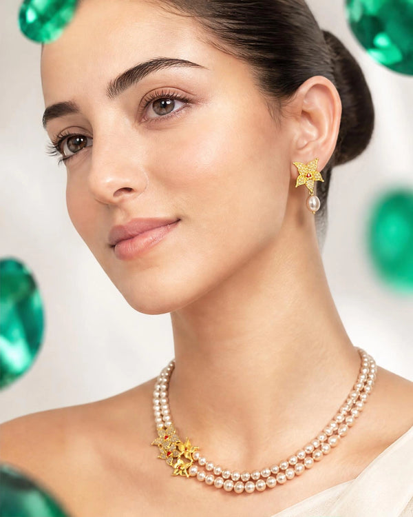 Peach Pearl Double-Strand Necklace Set with Asymmetrical CZ Orchid Side Brooch