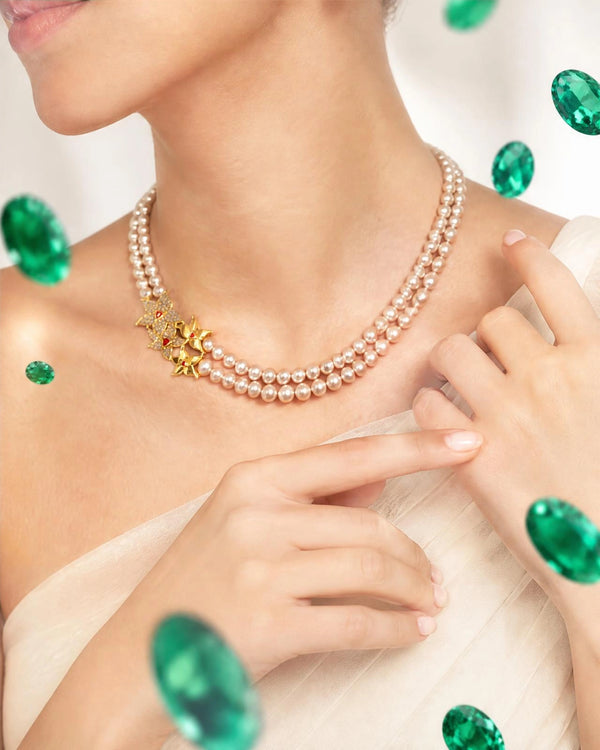 Peach Pearl Double-Strand Necklace Set with Asymmetrical CZ Orchid Side Brooch