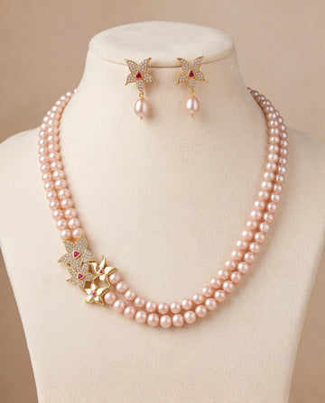 Peach Pearl Double-Strand Necklace Set with Asymmetrical CZ Orchid Side Brooch