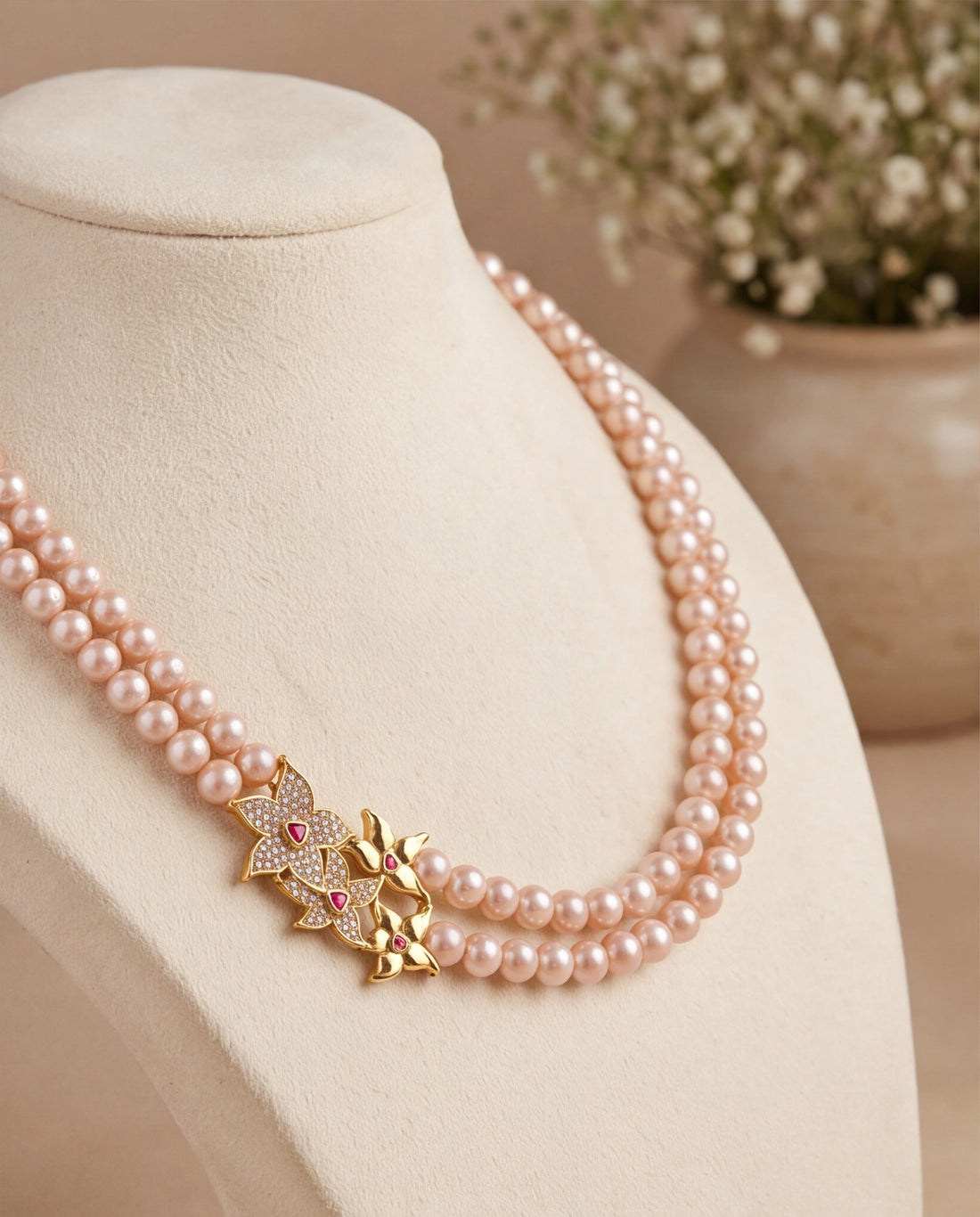 Peach Pearl Double-Strand Necklace Set with Asymmetrical CZ Orchid Side Brooch