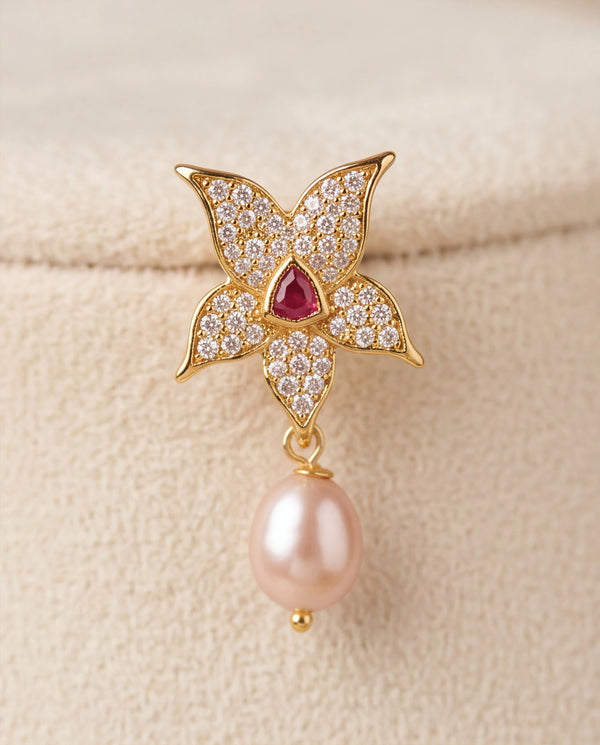 Peach Pearl Double-Strand Necklace Set with Asymmetrical CZ Orchid Side Brooch