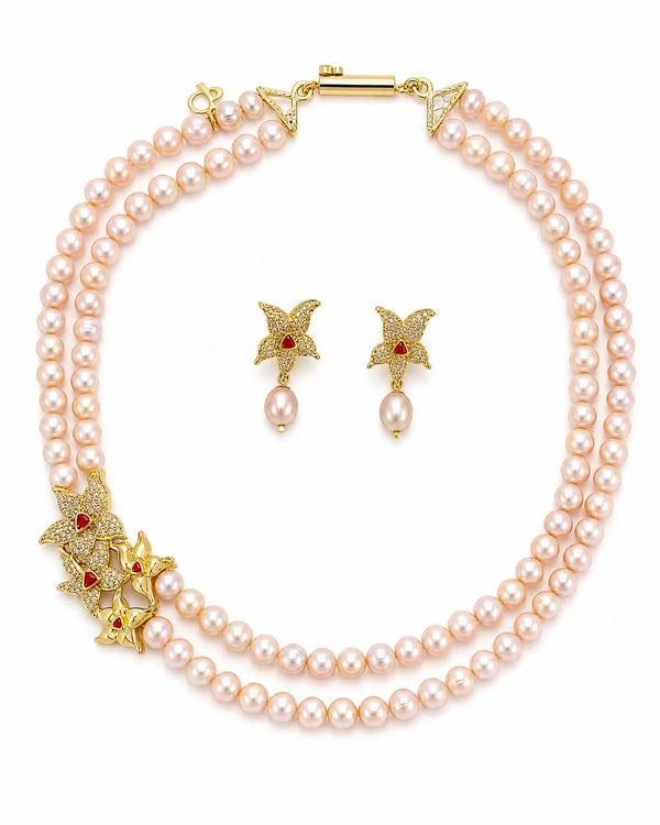Peach Pearl Double-Strand Necklace Set with Asymmetrical CZ Orchid Side Brooch