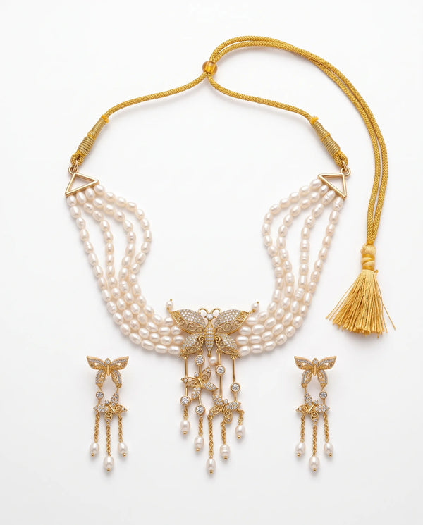Gold-Tone Multi-Strand Pearl Butterfly Choker Cum Jewellery Set