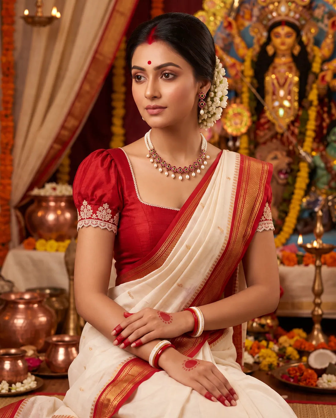 Gold-Tone Double-Strand Pearl & Ruby CZ Jewellery Set