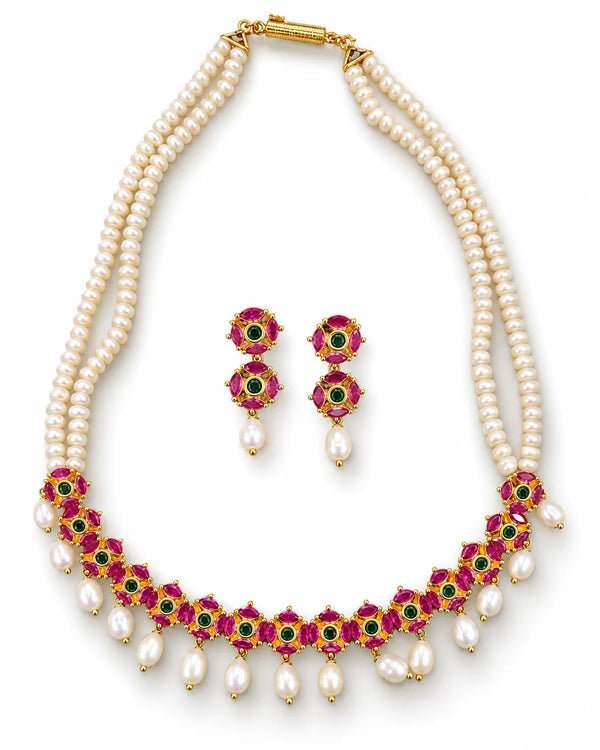 Gold-Tone Double-Strand Pearl & Ruby CZ Jewellery Set