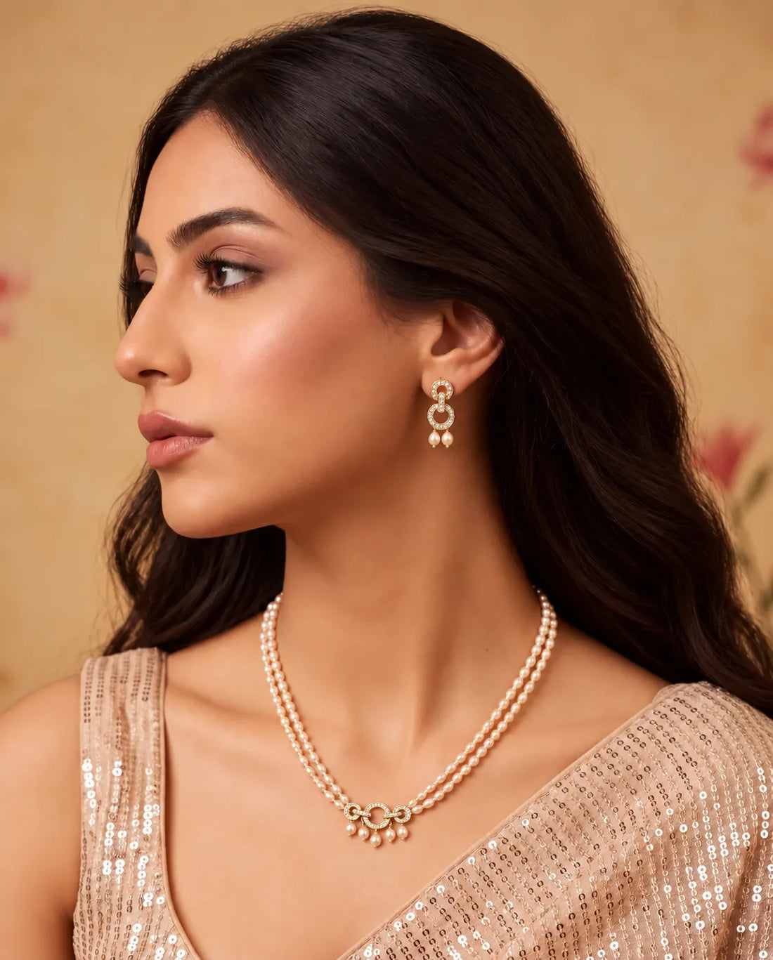 Gold-Plated Double-Strand Peach Pearl Interlocking Circular CZ Necklace Set