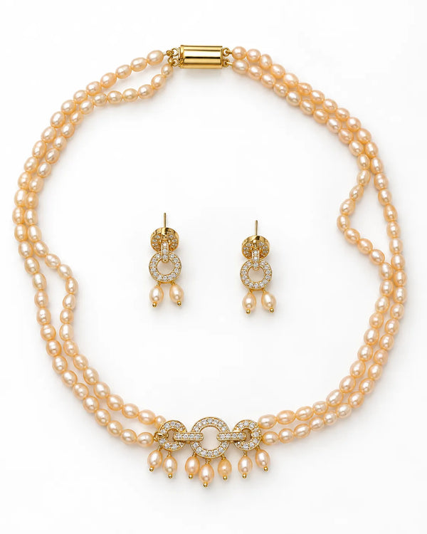 Gold-Plated Double-Strand Peach Pearl Interlocking Circular CZ Necklace Set