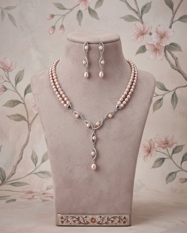 Silver-Tone Double-Strand CZ Wave Link Y-Drop Pink Pearl Necklace Set
