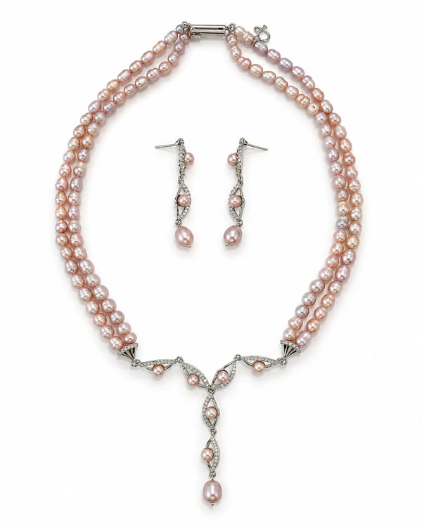 Silver-Tone Double-Strand CZ Wave Link Y-Drop Pink Pearl Necklace Set