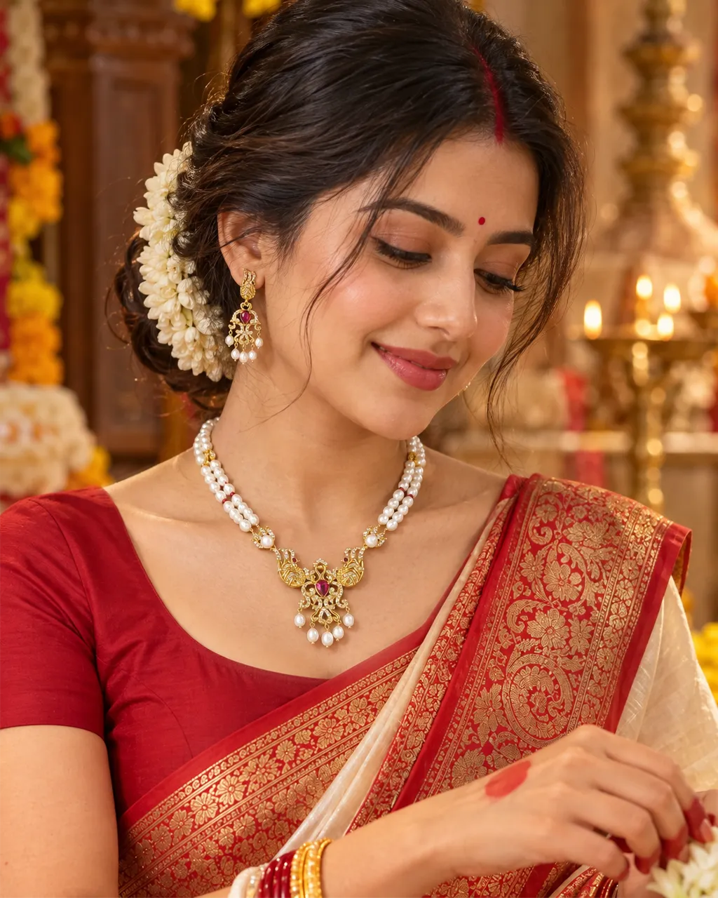 Gold-Tone Peacock motif Double-Strand Pearl Jewellery Set