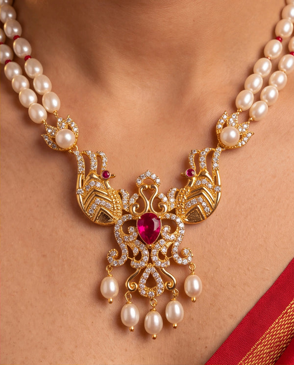 Gold-Tone Peacock motif Double-Strand Pearl Jewellery Set
