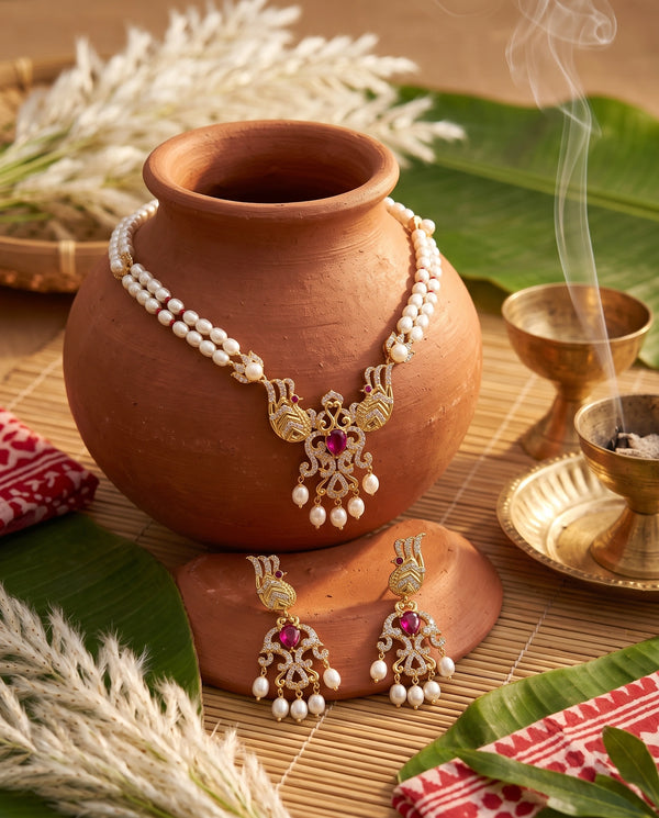 Gold-Tone Peacock motif Double-Strand Pearl Jewellery Set