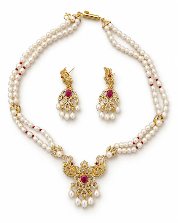Gold-Tone Peacock motif Double-Strand Pearl Jewellery Set