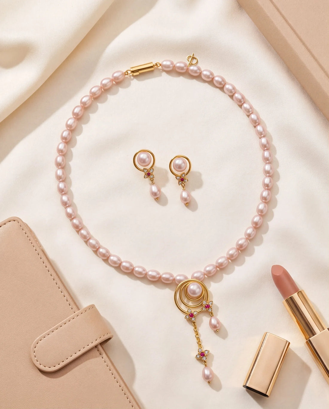 Ruby-Accented Spiral Pearl Drop Necklace Set
