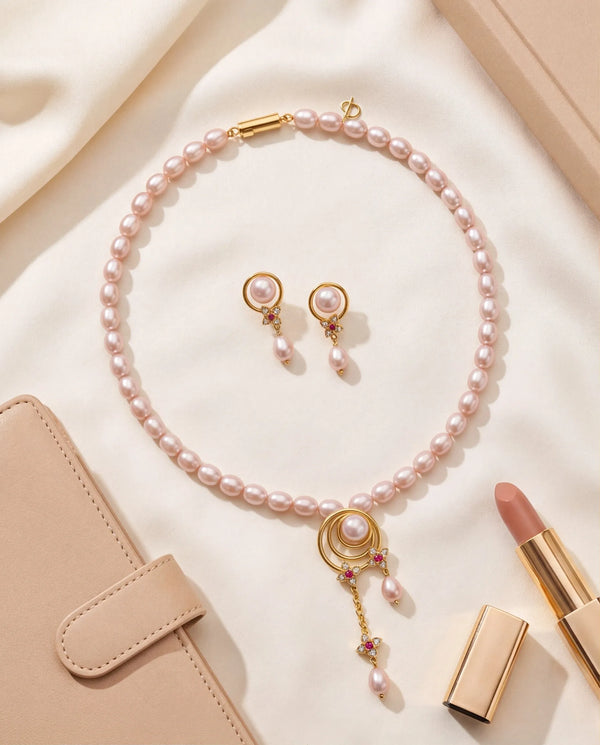 Ruby-Accented Spiral Pearl Drop Necklace Set